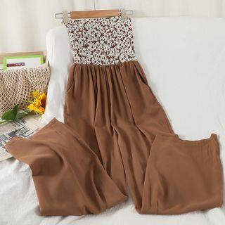Strapless Floral Print Panel Wide-leg Jumpsuit
