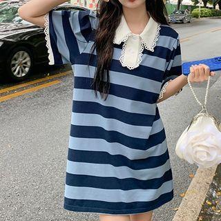 Short-sleeve Lace Trim Striped A-line Polo Dress