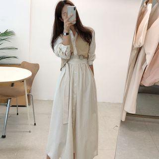 Long-sleeve Mock Two-piece Pinstriped Midi Shirt Dress