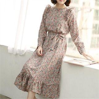 Puff-shoulder Ruffled Floral Long Dress