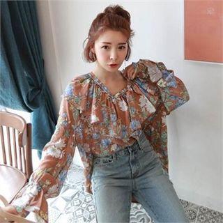 Ruffled Capelet Button-back Floral Blouse