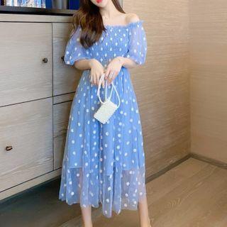 Off-shoulder Mesh Dotted Dress