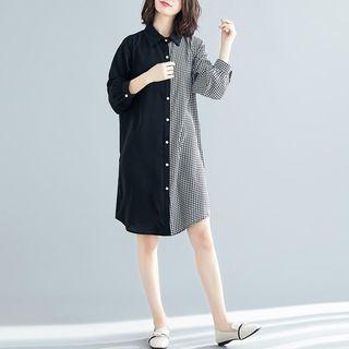 Long-sleeve Checker Paneled Shirt Dress