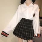 Long-sleeve Contrast Trim Shirt / Mini Pleated Plaid Skirt
