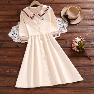 Long-sleeve Cat Embroidered A-line Shirt Dress