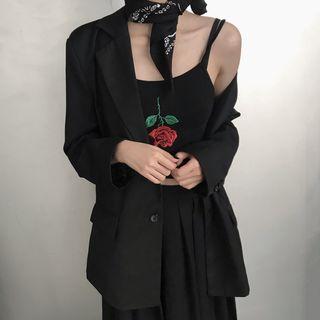 Rose Embroidered Cropped Camisole Top Black - One Size