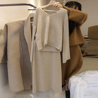 Set: Plain V-neck Sweater + Midi Straight-fit Skirt