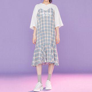 Elbow-sleeve Plaid Midi Hoodie Dress