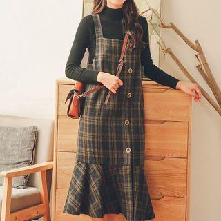 Midi Plaid Pinafore Dress / Mock Neck Long-sleeve Top
