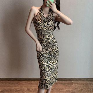 Sleeveless Halter Leopard Print Midi Sheath Dress