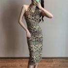 Sleeveless Halter Leopard Print Midi Sheath Dress