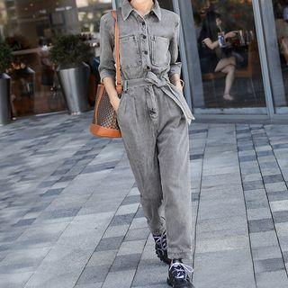 Elbow-sleeve Collar Denim Jumpsuit