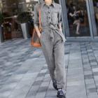 Elbow-sleeve Collar Denim Jumpsuit