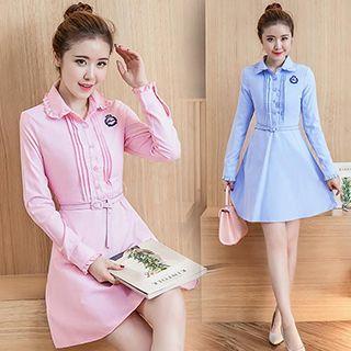 Pintuck Long-sleeve Collared Dress
