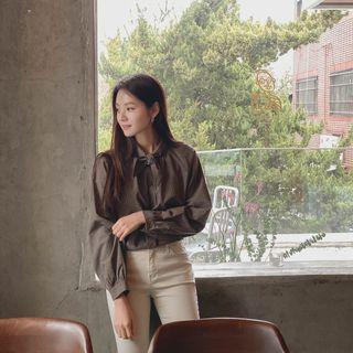 Bow Check Button-down Blouse Black - One Size