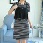 Striped Short-sleeve Mock Two-piece Dress