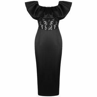 Off-shoulder Ruffled Lace Panel Sheath Evening Gown