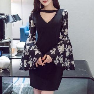 Floral Print Bell-sleeve Sheath Dress
