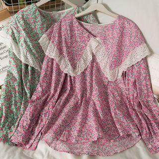 Contrasted Ruffle-trim Floral Loose Top