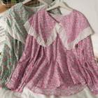 Contrasted Ruffle-trim Floral Loose Top