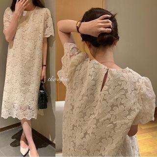 Short-sleeve Crew Neck Floral Lace Midi Dress Almond - One Size