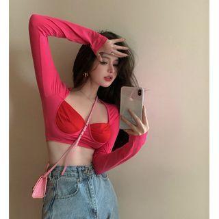 Long-sleeve Two-tone Crop T-shirt Pink - One Size