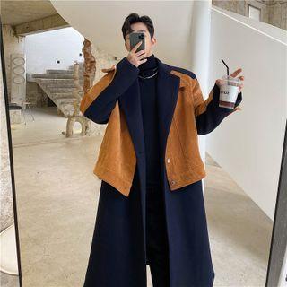 Mock Two-piece Corduroy Paneled Single-breasted Long Coat