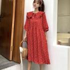 Heart Print Elbow-sleeve Collared Midi Dress Red - One Size