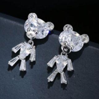 925 Sterling Silver Rhinestone Bear Dangle Earring Silver - One Size