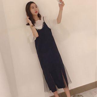 Set: Elbow-sleeve Top + Spaghetti Strap Midi Dress