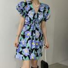 Bell-sleeve Ruched Floral Mini Dress