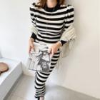 Stripe Knit Long Bodycon Dress Black - One Size