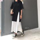 Short-sleeve Slit T-shirt / Midi Accordion Pleat Skirt