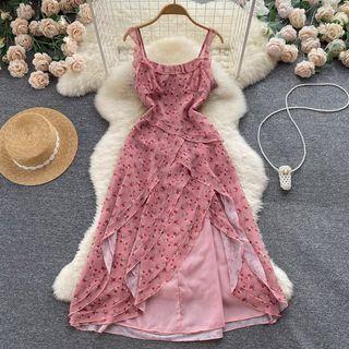 Suspender Floral Slit Maxi Dress