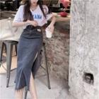 Side-slit Midi Denim Pencil Skirt / Short-sleeve Lettering T-shirt