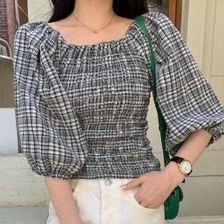 3/4-sleeve Plaid Top Plaid - Black - One Size