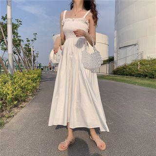 Shirred Spaghetti Strap Midi A-line Dress
