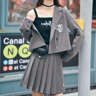 Embroidered Double-breasted Blazer / Mini Pleated Skirt