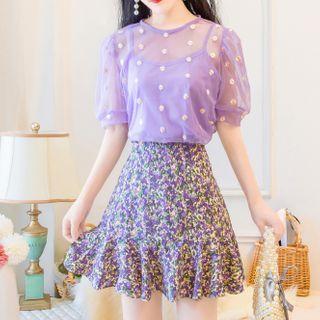 Puff-sleeve Floral Mesh Top / High-waist Floral Mini Mermaid Skirt