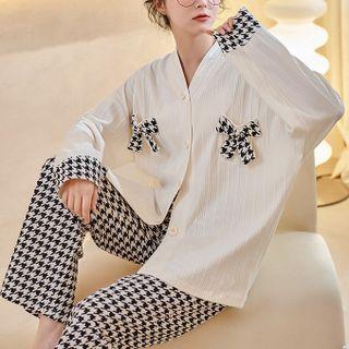 Loungewear Set : Long-sleeve Bow Houndstooth Shirt + Pants