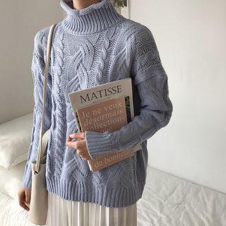 Mock Turtleneck Cable-knit Sweater Blue - One Size
