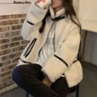 Contrast Trim Fleece Zip-up Jacket White - One Size