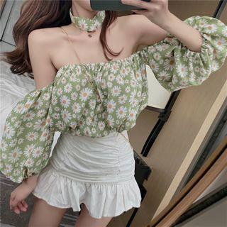 Flower Print Off-shoulder Blouse / Ruffle Hem Mini Pencil Skirt