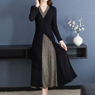 Mock Two-piece Long-sleeve Slit A-line Midi Dress