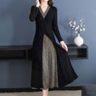 Mock Two-piece Long-sleeve Slit A-line Midi Dress