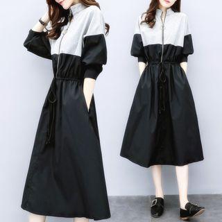 Puff-sleeve Zip Placket Midi A-line Dress