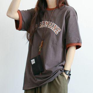 Short-sleeve Contrast Trim Letter Print T-shirt