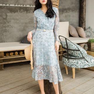 Long-sleeve Wrap Midi A-line Lace Dress