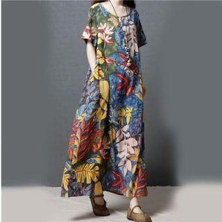 Short-sleeve Flower Print A-line Maxi Dress