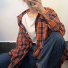 Plaid Long-sleeve Loose-fit Shirt Orange - One Size